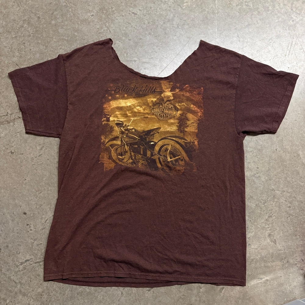 Harley-Davidson Black Hills Graphic T-Shirt Custom Raw Neck Burgundy Brown 2035
